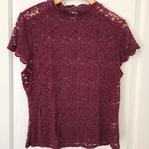 Lace Sheer Top Stretchy Whimsigoth Short Sleeve Maroon Burgundy Oxblood Pretty